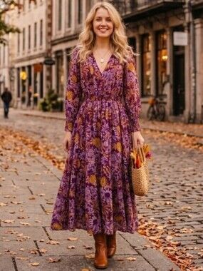 Banjanan Pearl Floral Midi Dress Long Sleeve Purple Yellow Size Medium
